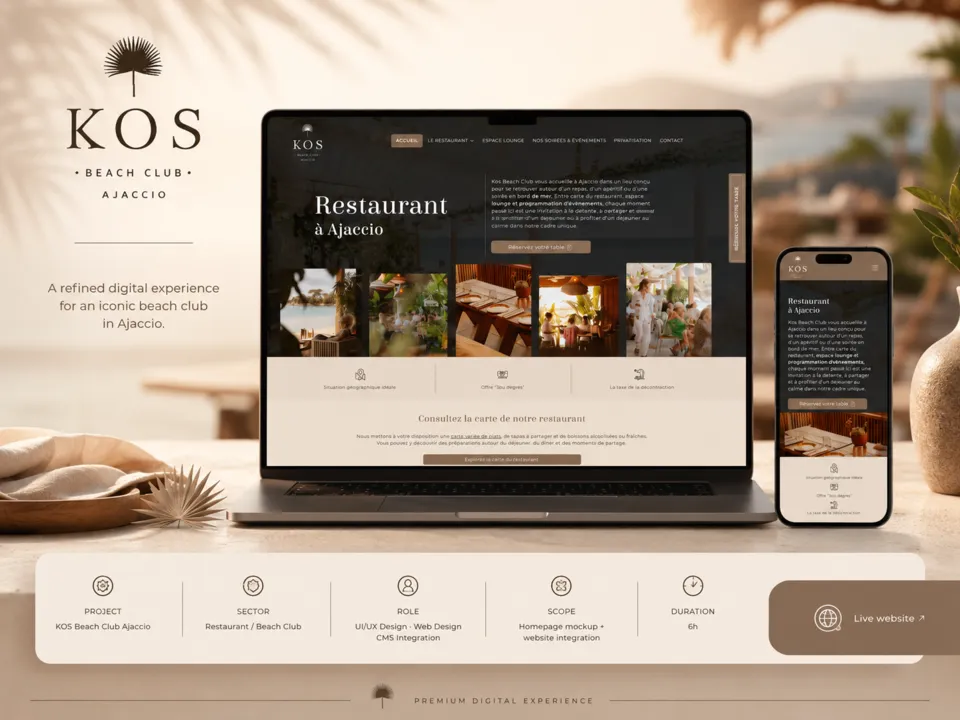 Présentation desktop et mobile : KOS Beach Club Ajaccio